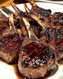 Honey garlic glazed lamb chops served on a plate with garnishes