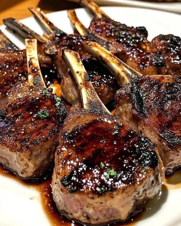 Honey garlic glazed lamb chops served on a plate with garnishes