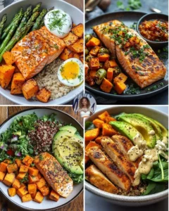 Honey Garlic Salmon bowl with roasted sweet potatoes, a healthy meal option.