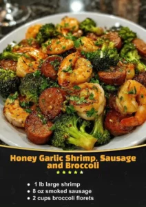 Honey Garlic Shrimp with sausage and broccoli served in a pan.