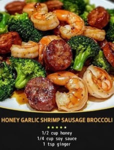 Honey Garlic Shrimp with Sausage and Broccoli on a plate