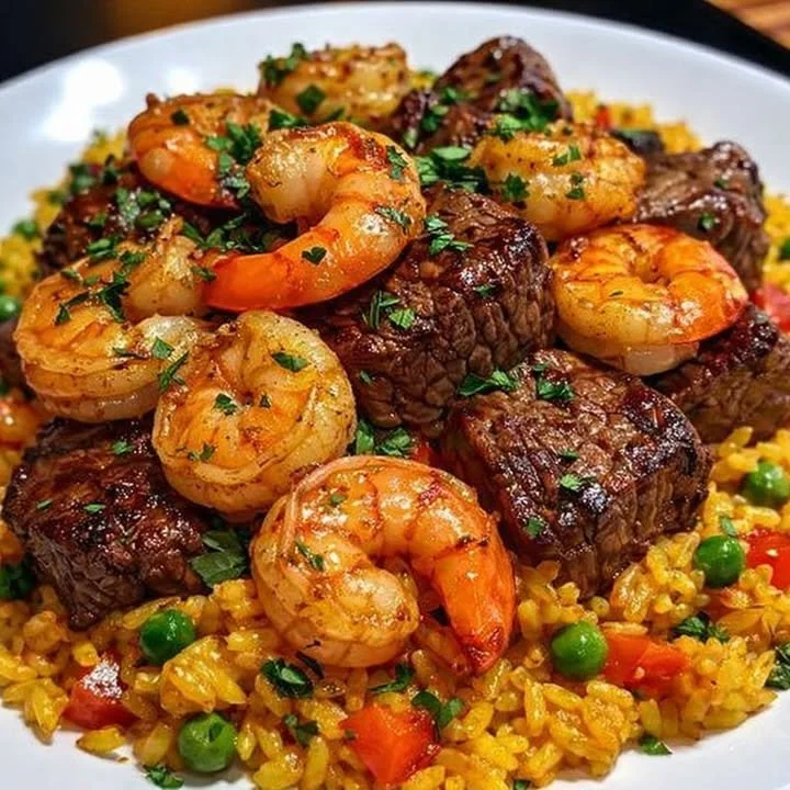 Delicious honey garlic steak and shrimp served over yellow rice.