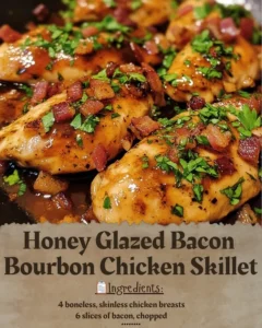 Honey Glazed Bacon Bourbon Chicken Skillet in a cast iron pan