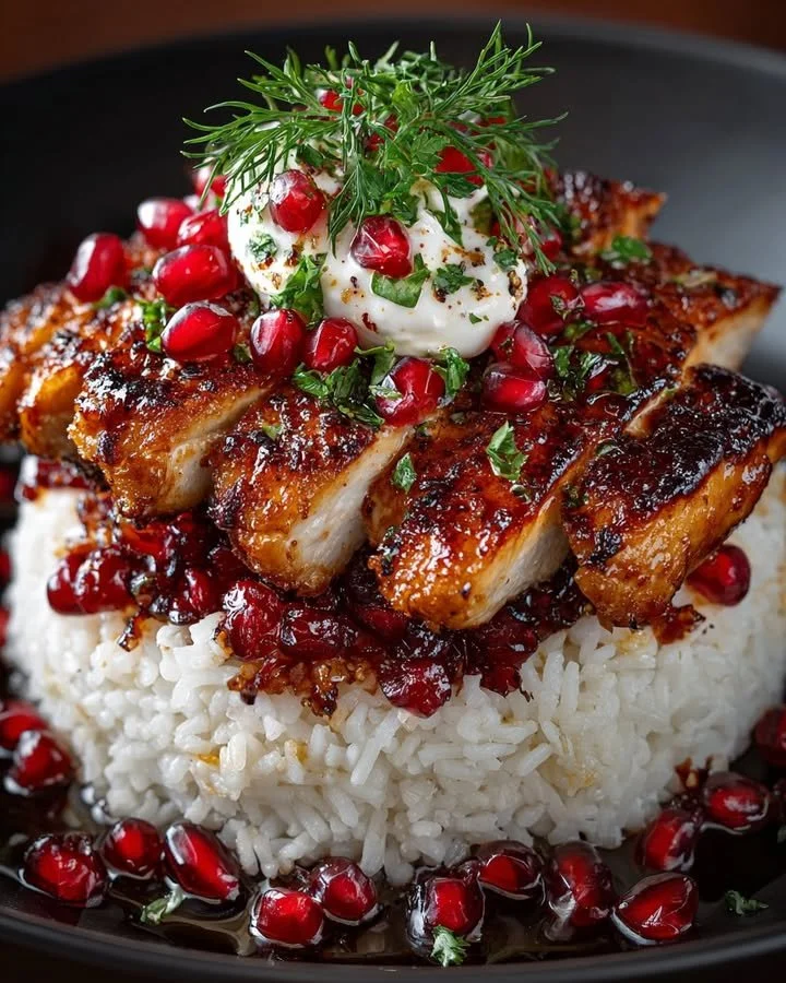 Honey-Glazed Chicken Stack with Burrata and Cranberry Rice served with Pomegranate Jewels