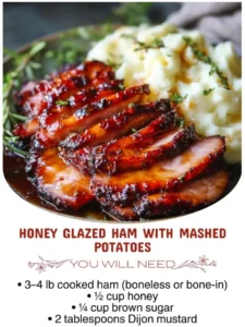 Delicious honey glazed ham with a side of creamy mashed potatoes
