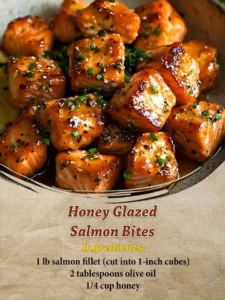 Delicious honey glazed salmon bites served on a platter.