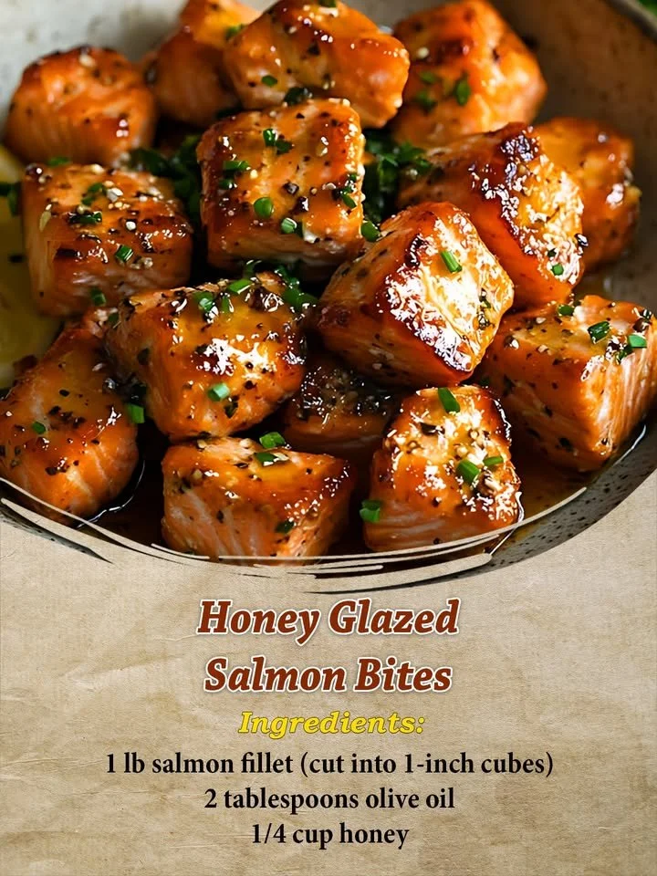 Delicious honey glazed salmon bites served on a platter.
