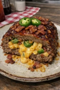 Honey Jalapeño Bacon Mac and Cheese Stuffed Meatloaf served on a plate