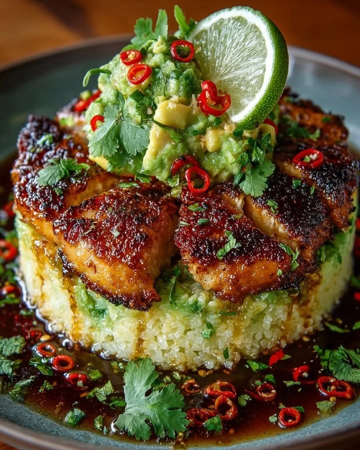 Honey Lime Chicken served with Avocado Cauliflower Rice Stack for a healthy meal