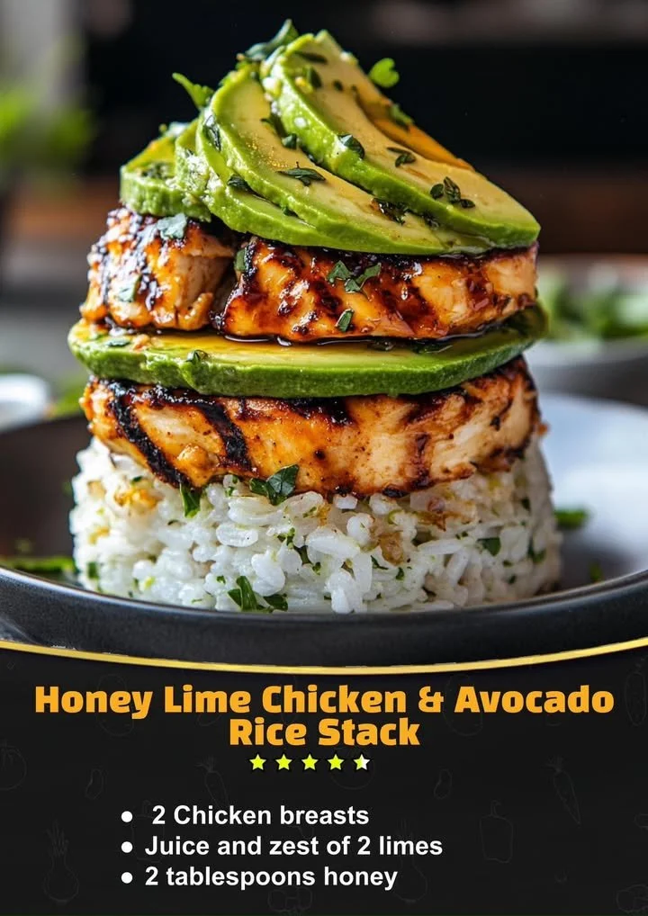 Honey Lime Chicken served with avocado rice in a colorful stack