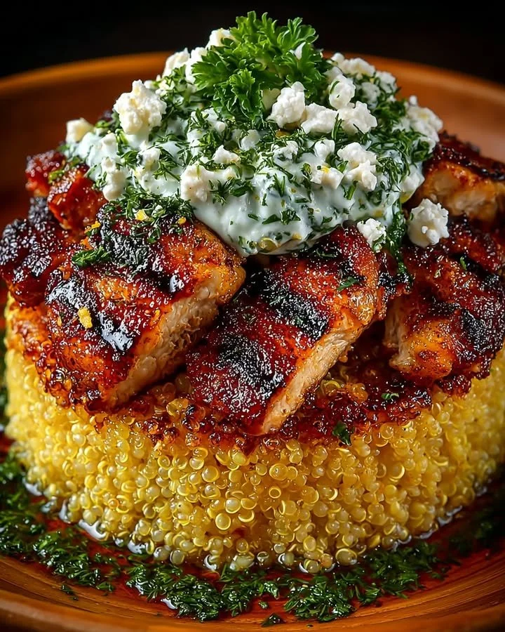 Honey Lime Chicken and Feta Quinoa Stack served with Tzatziki sauce.