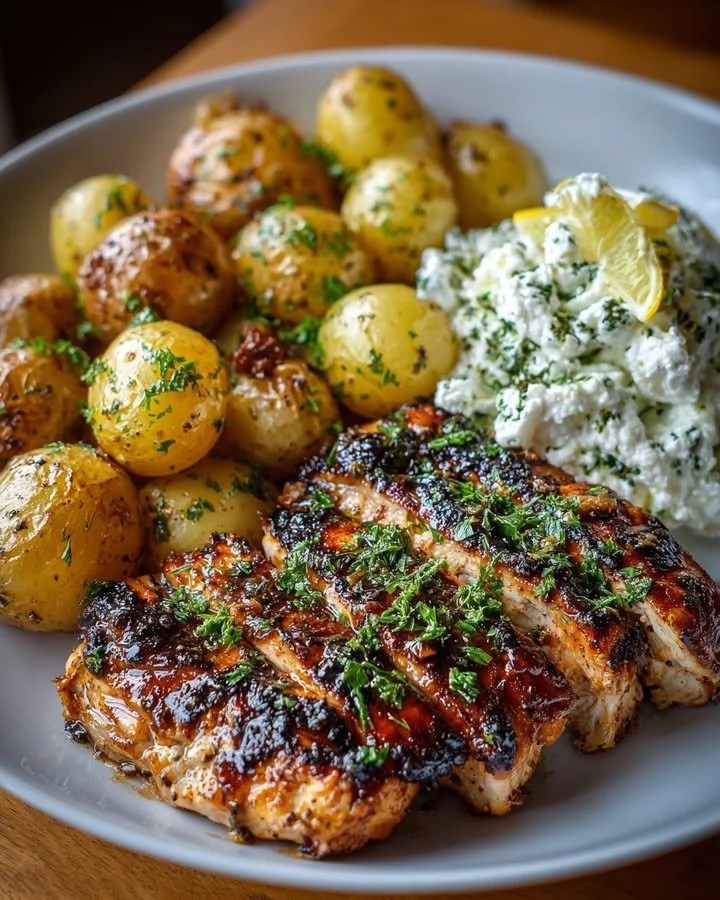 Honey Lime Chicken with Greek Roasted Potatoes and Whipped Feta
