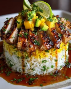 Honey Lime Chicken served with mango rice stack for a refreshing meal