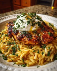 Honey Lime Chicken & Orzo Stack with Burrata Center plated beautifully