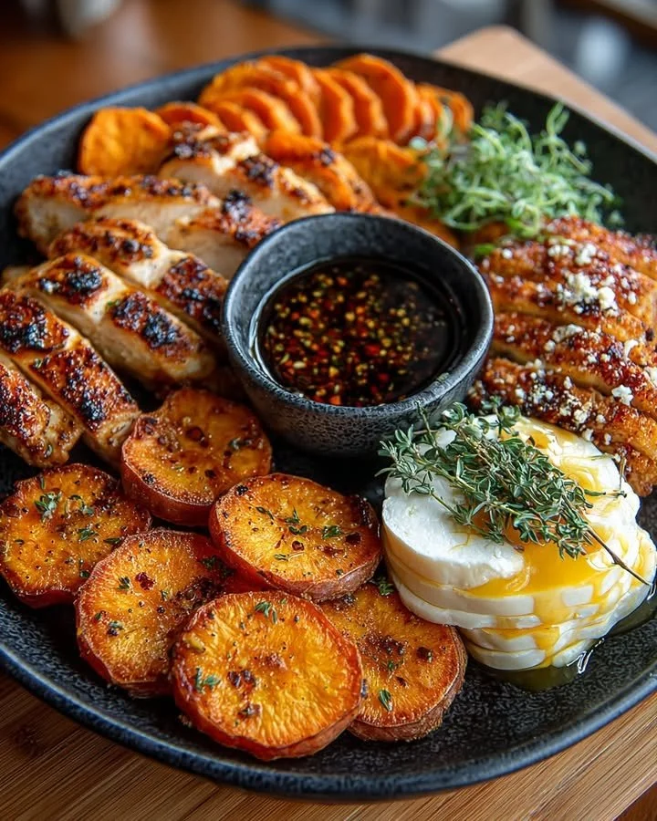 Honey Lime Chicken stacked with sweet potato rounds and Brie cheese.