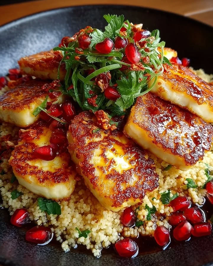 Honey Lime Halloumi and Pomegranate Couscous Stack garnished with fresh ingredients.