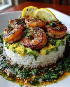 Honey Lime Shrimp & Avocado Rice Stack with Cilantro Sauce served in a bowl