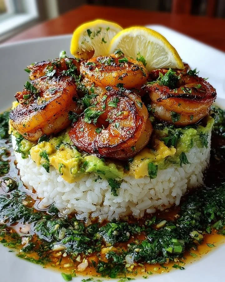Honey Lime Shrimp & Avocado Rice Stack with Cilantro Sauce served in a bowl