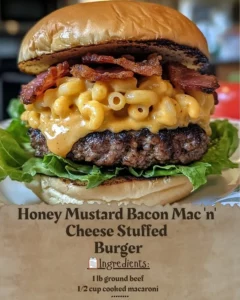 Honey Mustard Bacon Mac 'n' Cheese Stuffed Burger on a plate