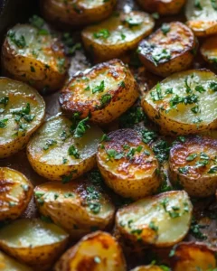 Honey mustard potatoes served in a bowl, garnished with herbs.