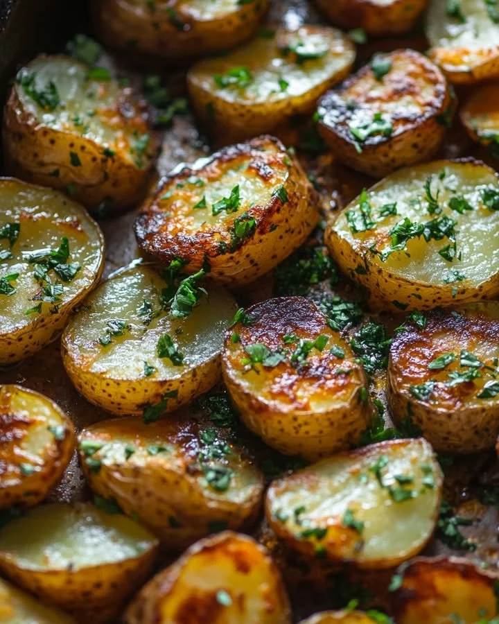 Honey mustard potatoes served in a bowl, garnished with herbs.