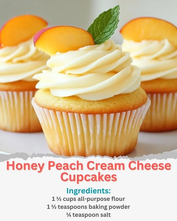 Honey peach cream cheese cupcakes with frosting and peach slice topping