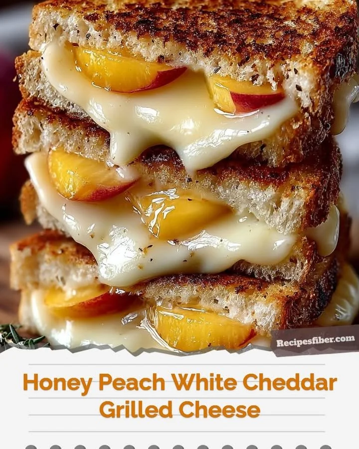 Honey Peach White Cheddar grilled cheese sandwich with melted cheese and peach slices