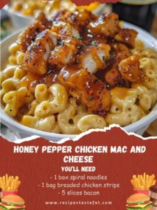 Honey Pepper Chicken served with creamy Mac and Cheese