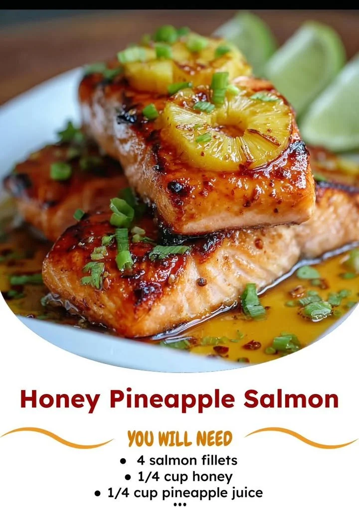 Honey Pineapple Salmon cooked with a sweet glaze and fresh pineapple slices