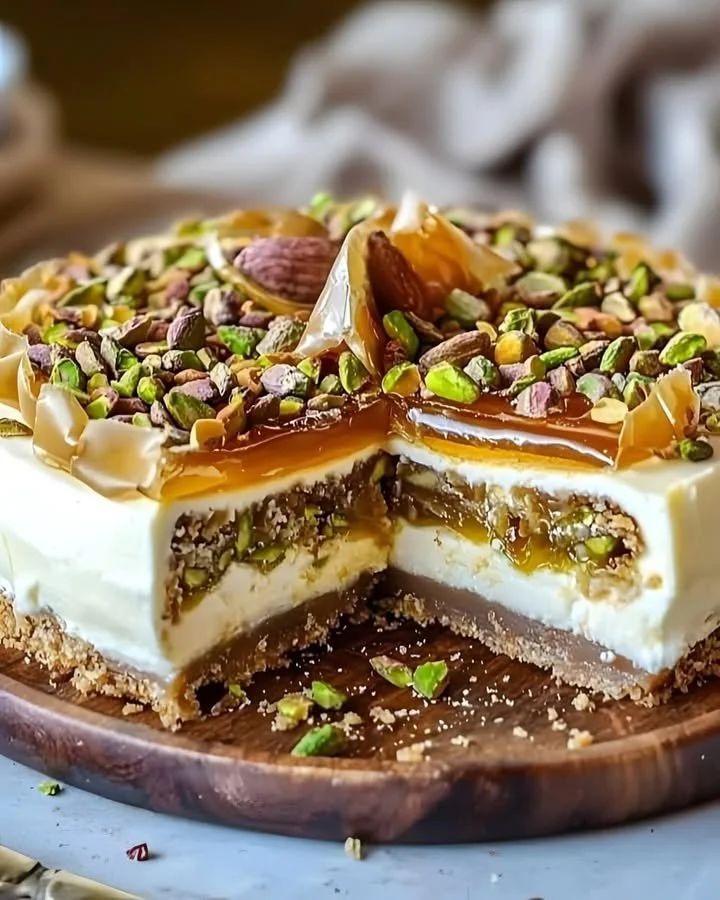 Honey Pistachio Baklava Cheesecake featured dessert with nuts and honey