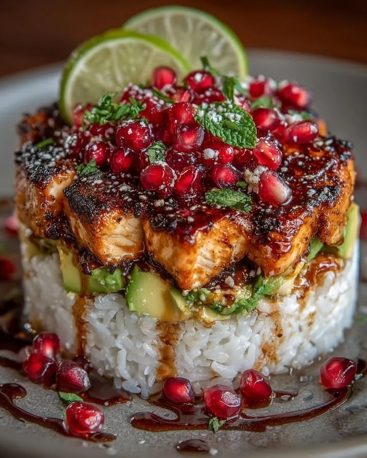 Honey Pomegranate Chicken served with Avocado Rice Stack