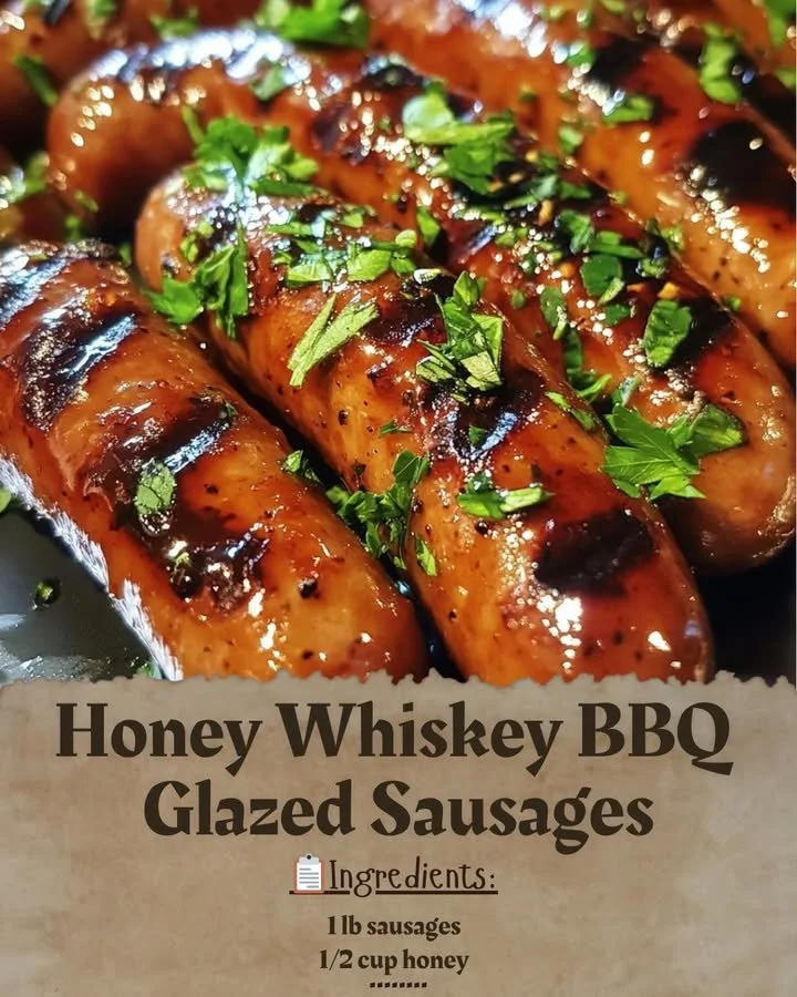 Honey Whiskey BBQ Glazed Sausages served on a platter