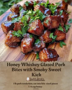 Honey Whiskey Glazed Pork Bites with Smoky Sweet Kick on a plate