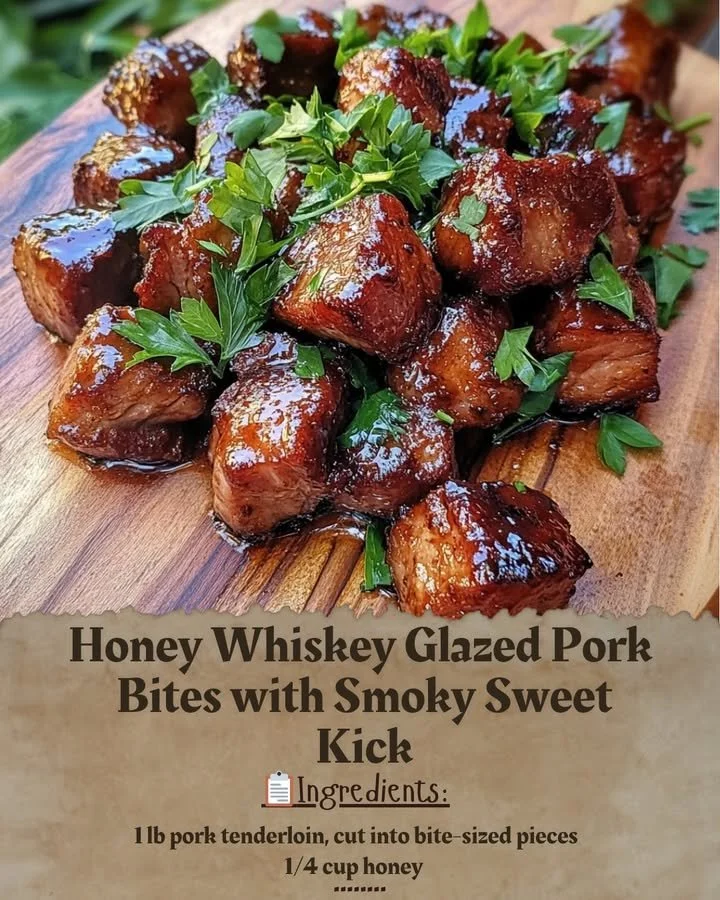 Honey Whiskey Glazed Pork Bites with Smoky Sweet Kick on a plate