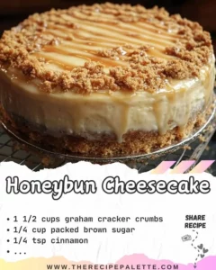 Delicious Honeybun Cheesecake topped with honey glaze and cinnamon