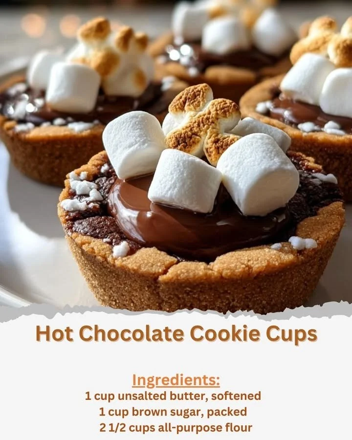 Warm chocolate cookie cups topped with marshmallows and chocolate drizzle