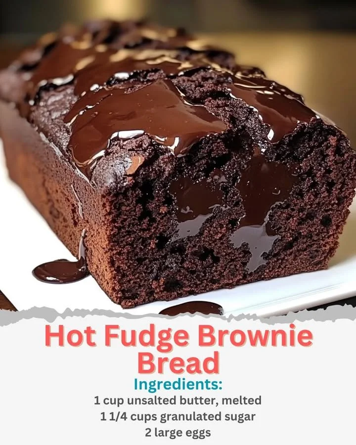 Delicious Hot Fudge Brownie Bread topped with rich chocolate sauce.