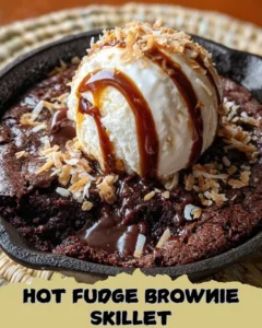 Delicious Hot Fudge Brownie Skillet topped with ice cream and chocolate sauce