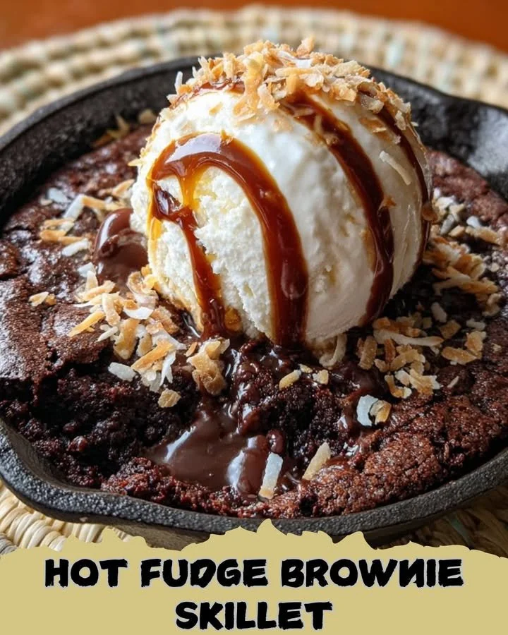 Delicious Hot Fudge Brownie Skillet topped with ice cream and chocolate sauce