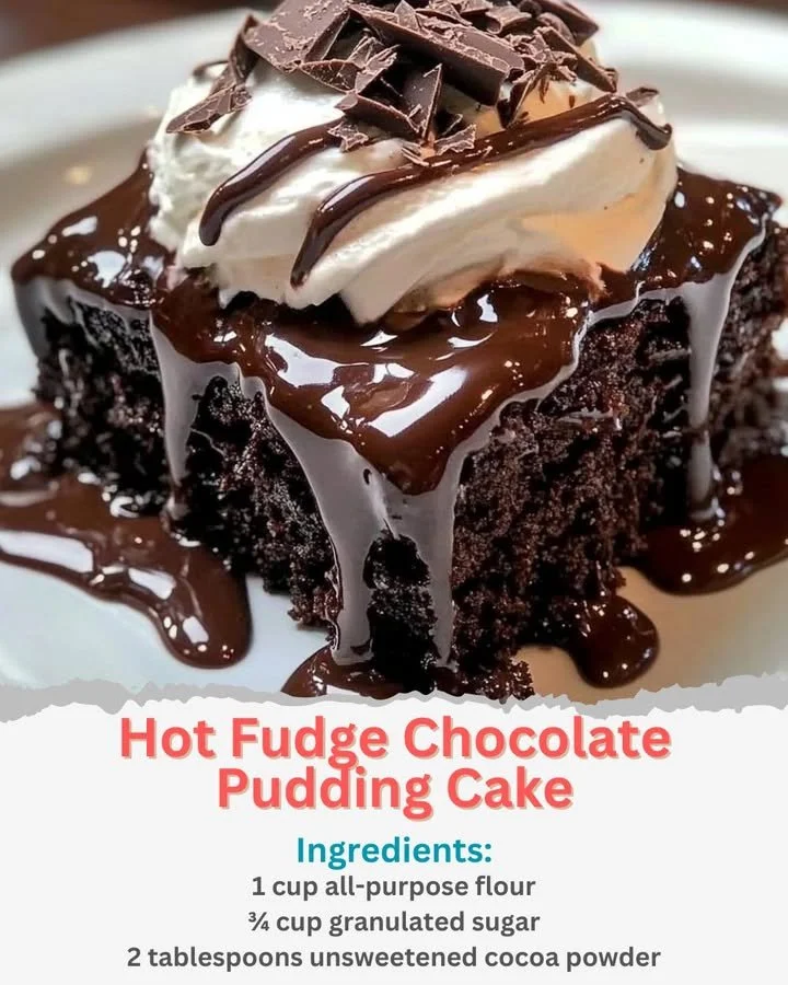 Delicious Hot Fudge Chocolate Pudding Cake served warm with fudge sauce
