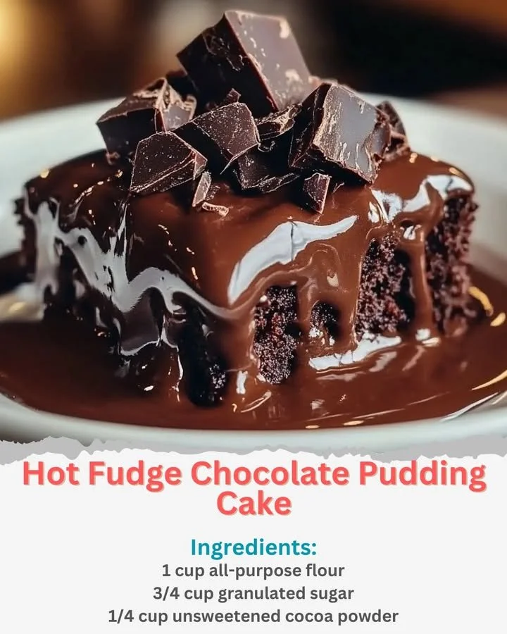 Delicious Hot Fudge Chocolate Pudding Cake topped with melted chocolate sauce