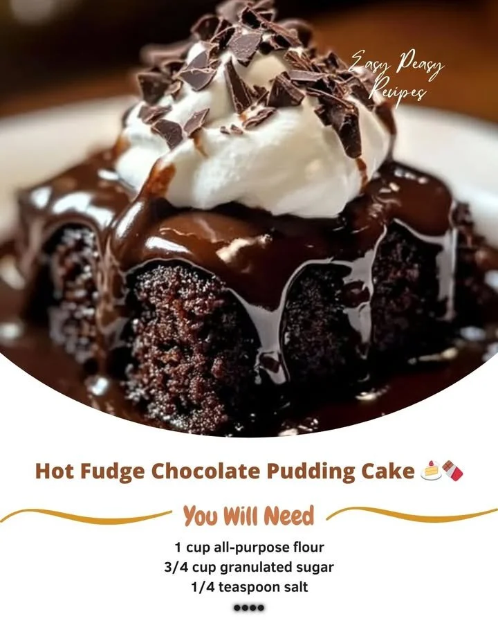 Slice of Hot Fudge Chocolate Pudding Cake with drizzling fudge sauce
