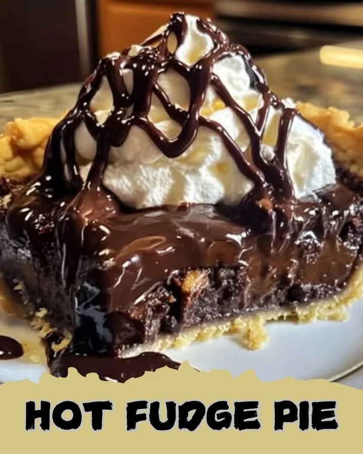 Deliciously rich Hot Fudge Pie served with a scoop of vanilla ice cream.