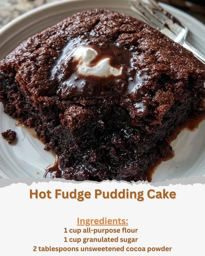Delicious hot fudge pudding cake topped with chocolate sauce and served warm