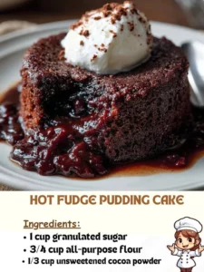 Delicious hot fudge pudding cake topped with melted chocolate sauce