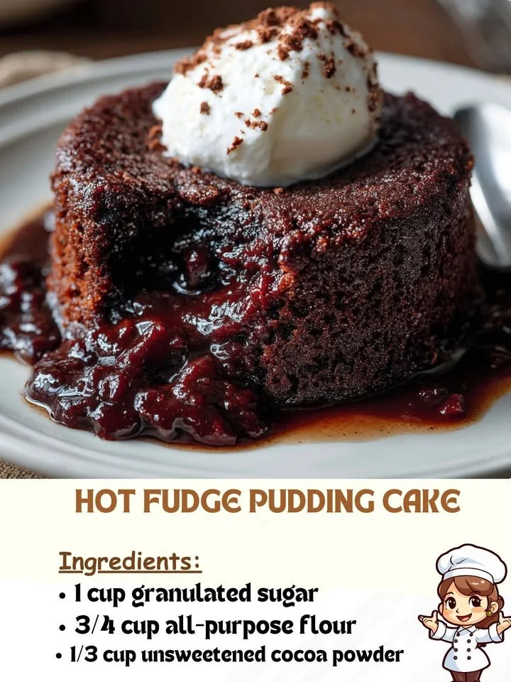 Delicious hot fudge pudding cake topped with melted chocolate sauce