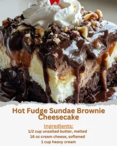 Hot Fudge Sundae Brownie Cheesecake topped with fudge and ice cream