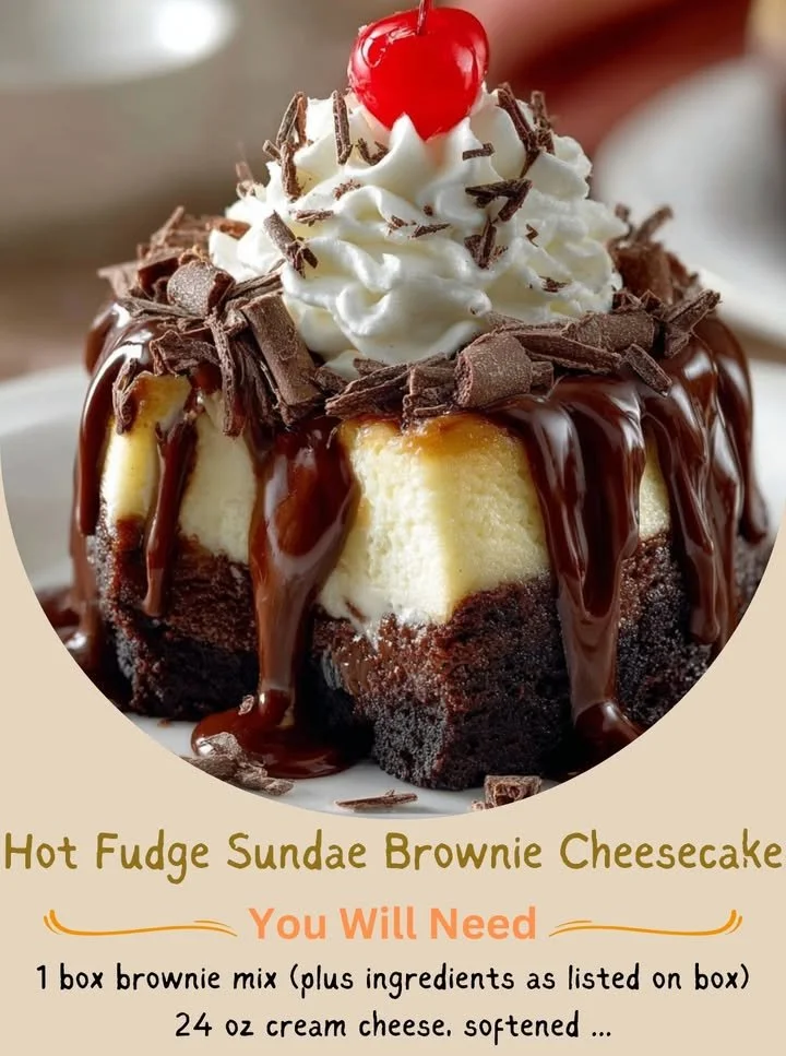 Delicious hot fudge sundae brownie cheesecake with creamy layers and chocolate drizzle