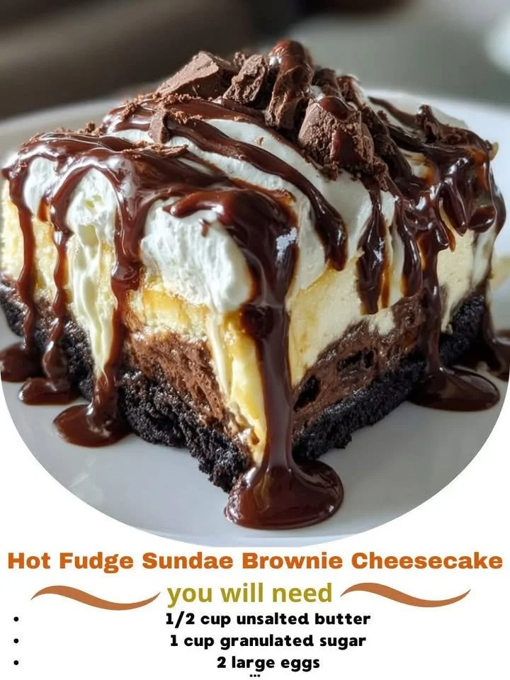 Delicious hot fudge sundae brownie cheesecake with ice cream and chocolate drizzle.