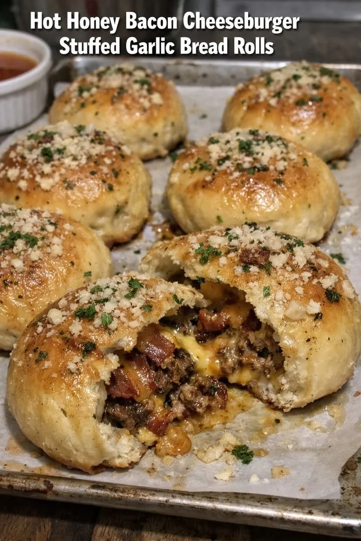 Hot Honey Bacon Cheeseburger Stuffed Garlic Bread Rolls filled with savory goodness